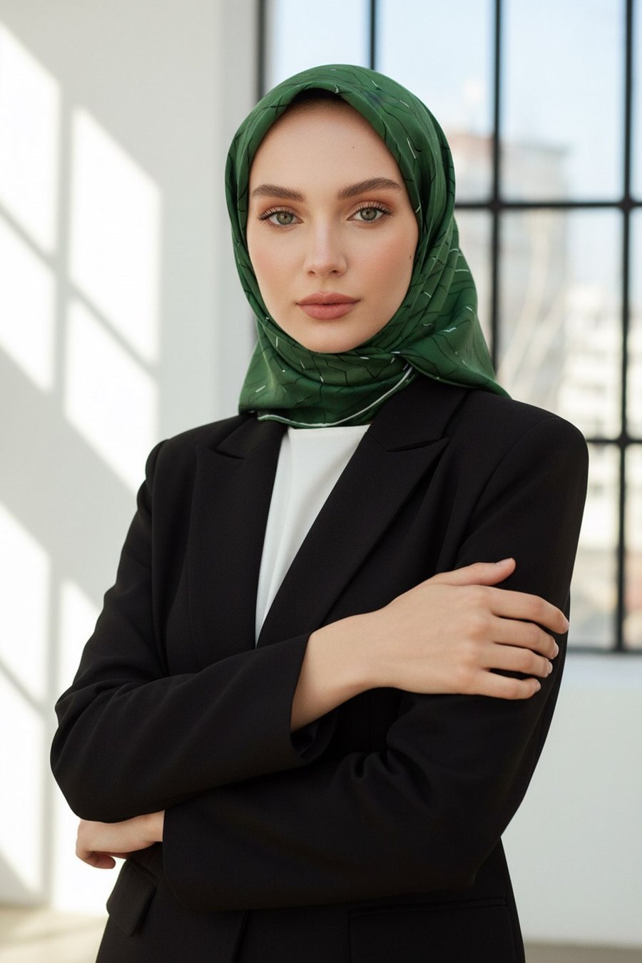 %100 Twill İpek Geometrik Desenli Zümrüt Yeşili Renkli 90x90 Eşarp Dikim Şekli : El Dikişi