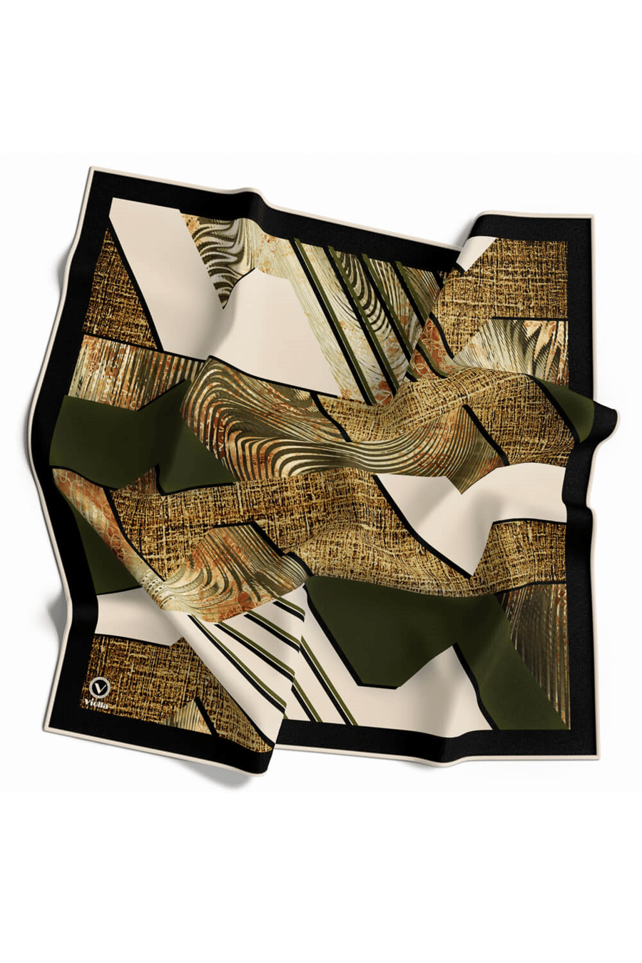 Twill Dalgalı Geometrik Desenli Haki Renkli 90x90 Eşarp (İpek İçermez) Kenar Dikiş Şekli El Dikişli