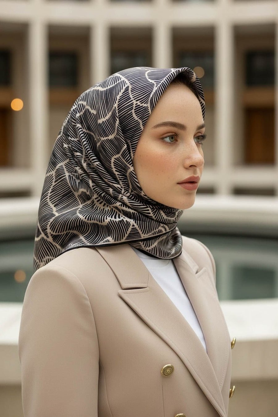 %100 Twill İpek Geometrik Desenli Siyah - Bej Renkli 90x90 Eşarp Dikim Şekli : El Dikişi
