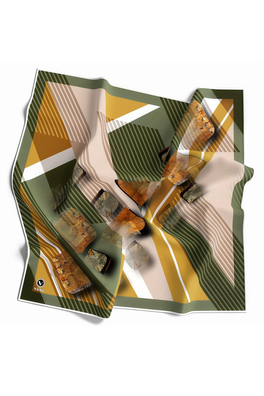 Twill Çizgili ve Geometrik Desenli Haki Renkli 90x90 Eşarp (İpek İçermez) Kenar Dikiş Şekli El Dikişli