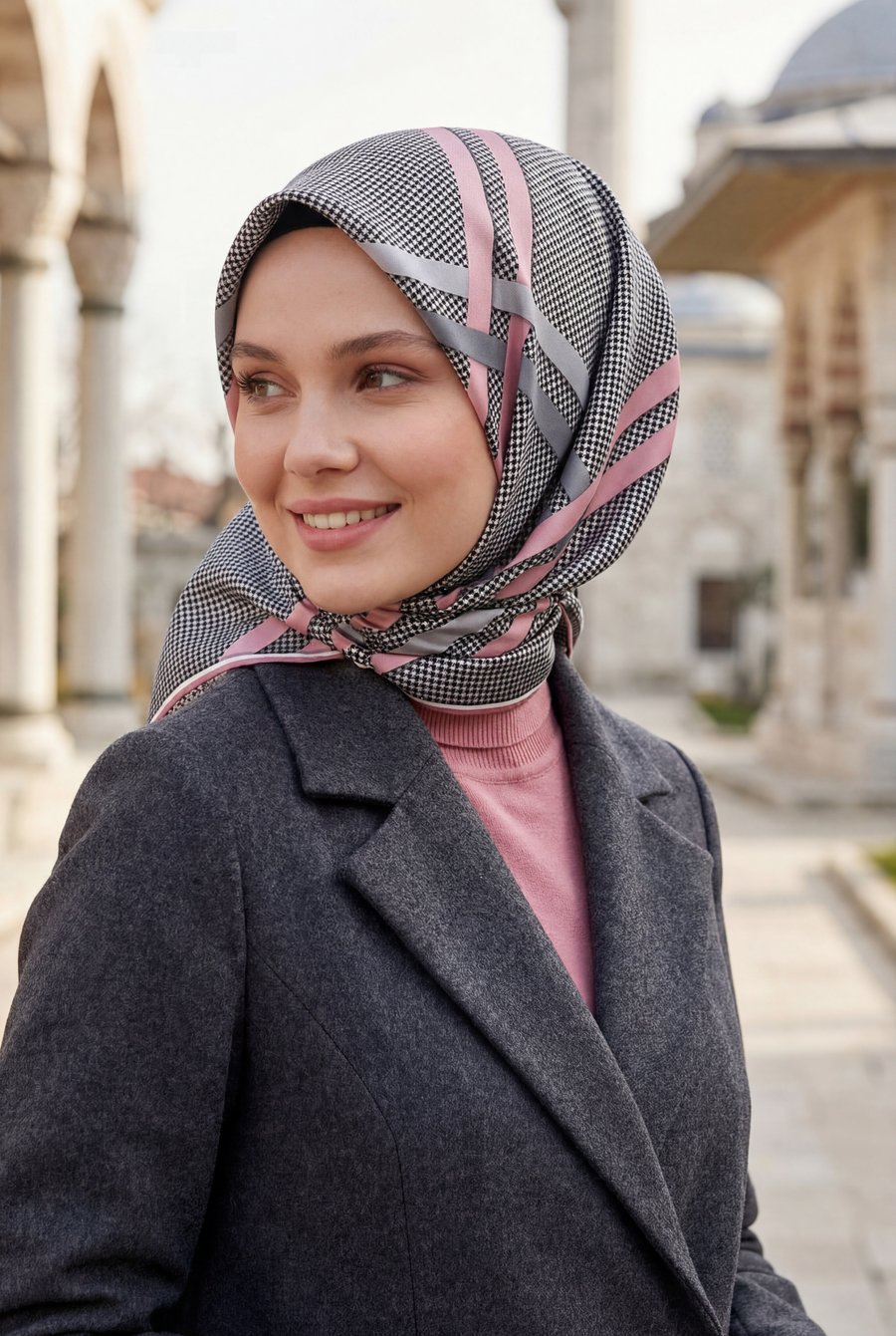 Twill Çizgili Pötikareli Çizgili Desenli Pudra - Gri Renkli 90x90 Eşarp (İpek İçermez)