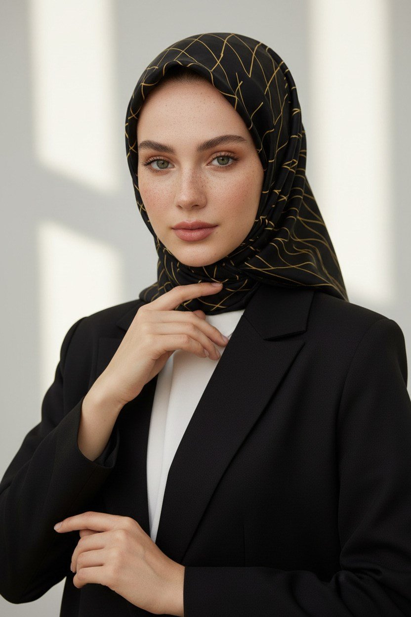 %100 Twill Çizgili Desenli Sarı - Siyah Renkli 90x90 Eşarp Dikim Şekli: El Dikişi