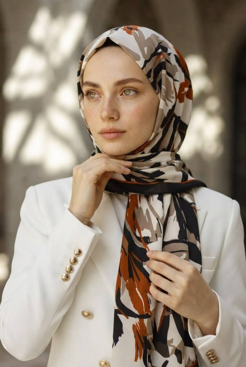 KREP YAPRAK DESENLİ SİYAH - TABA RENKLİ 75X195 KIRIŞMAZ ŞAL