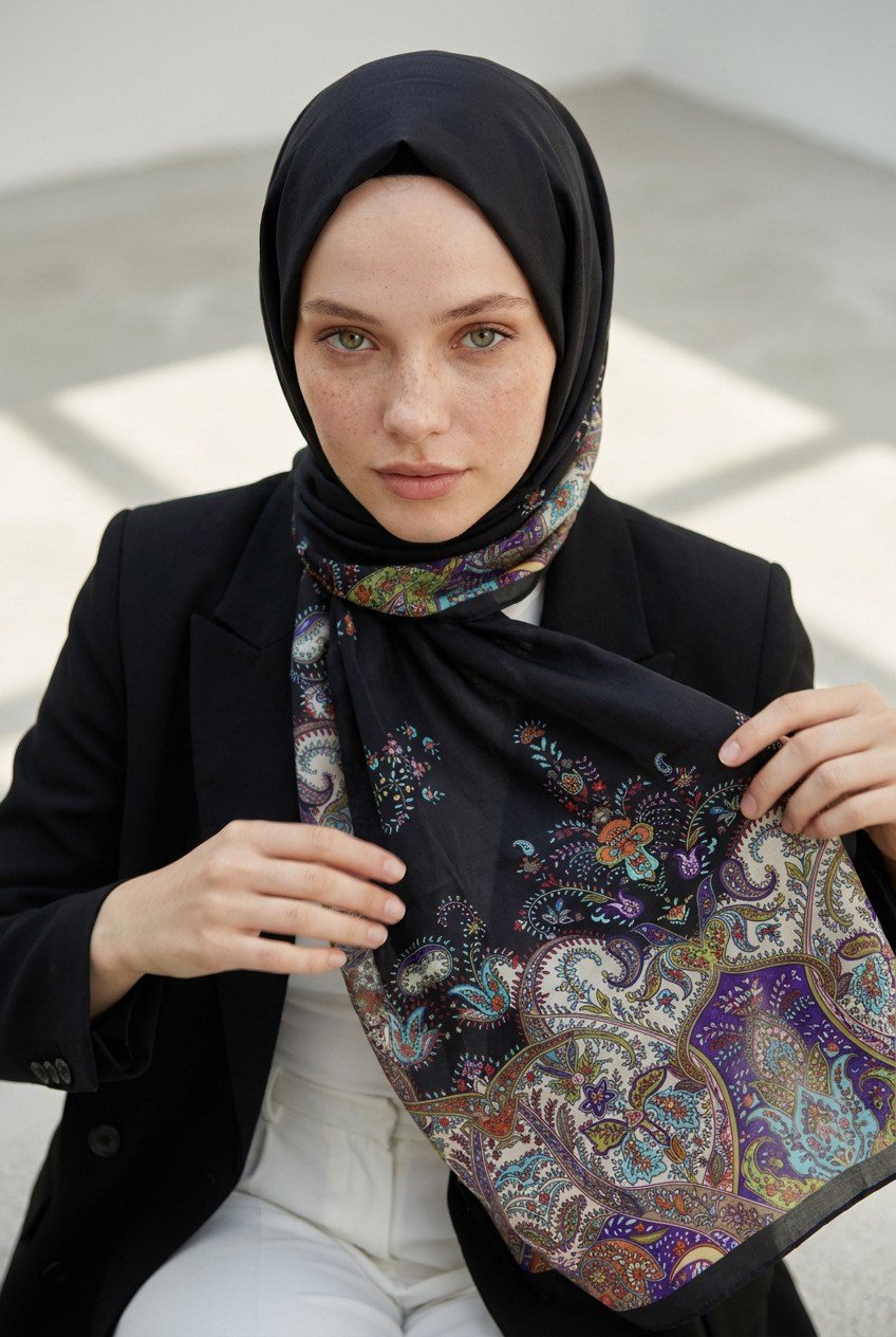 %100 Saf İpek Şal İnce Saten Vual Dokuma Etnik Desenli Siyah Renkli 90x210 Şal