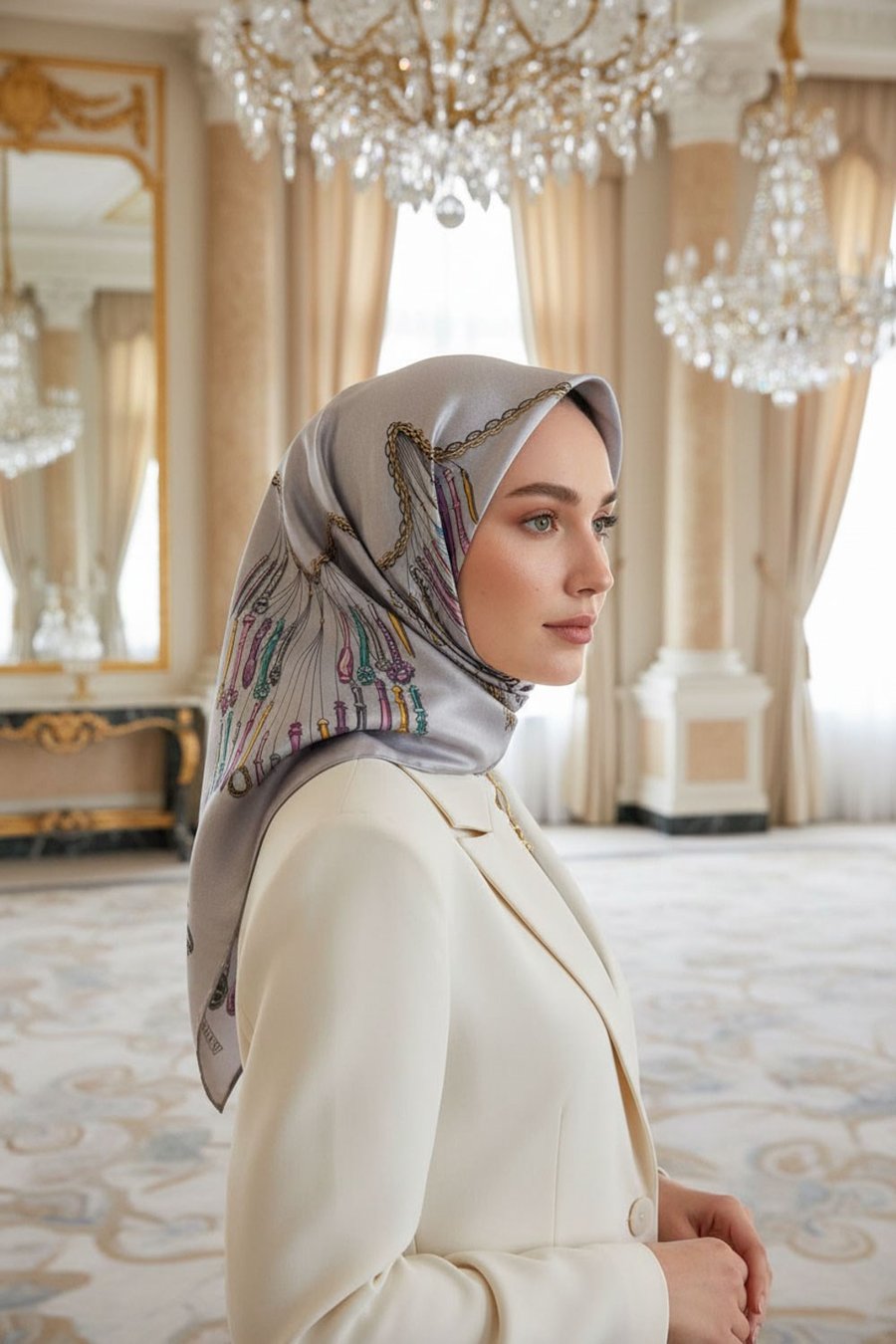 %100 Twill İpek Zincir Desenli Gri Renkli 90x90 Eşarp Dikim Şekli : El Dikişi