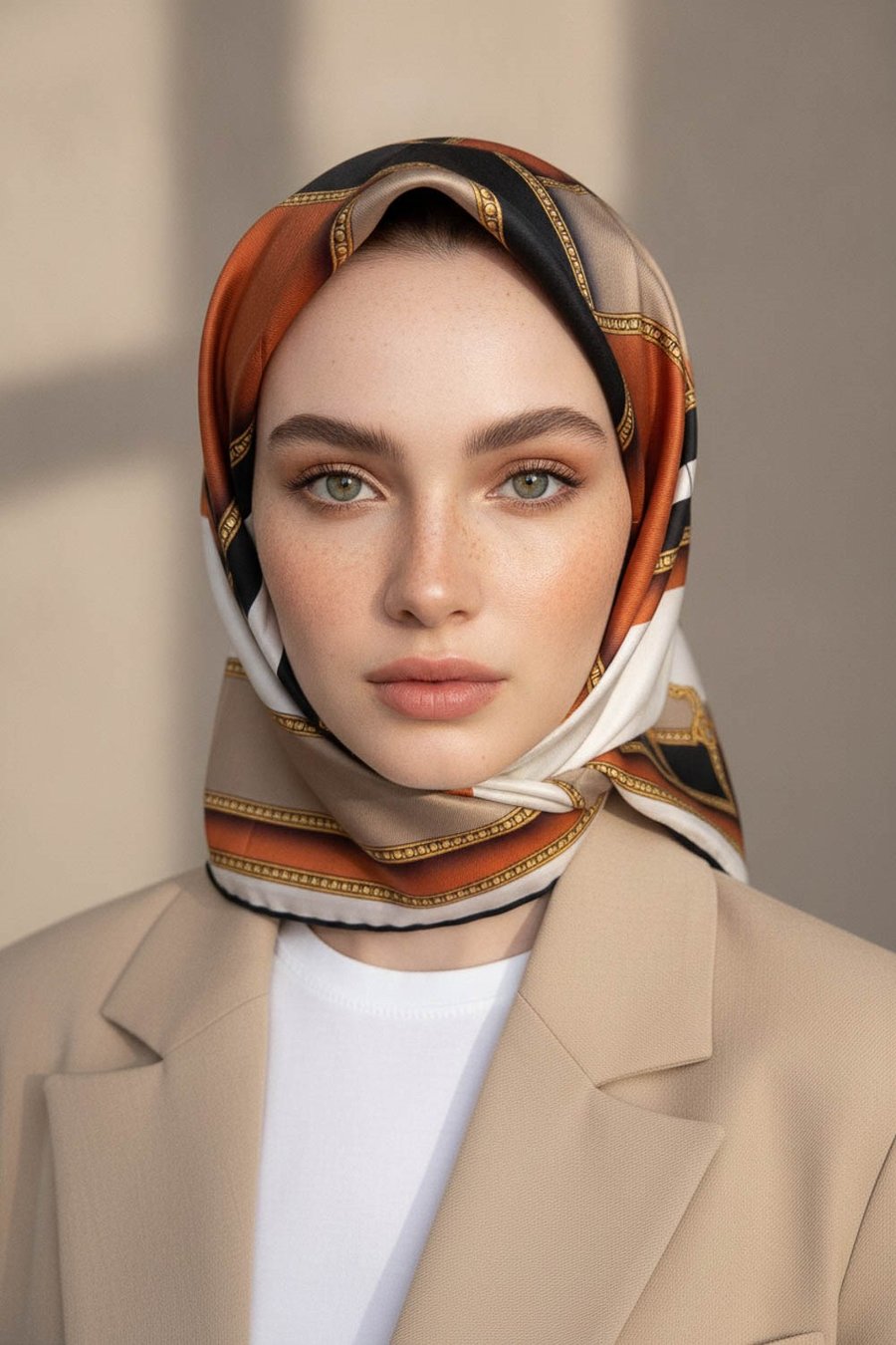 %100 Twill İpek Geometrik Desenli Taba - Bej Renkli 90x90 Eşarp Dikim Şekli : El Dikişi
