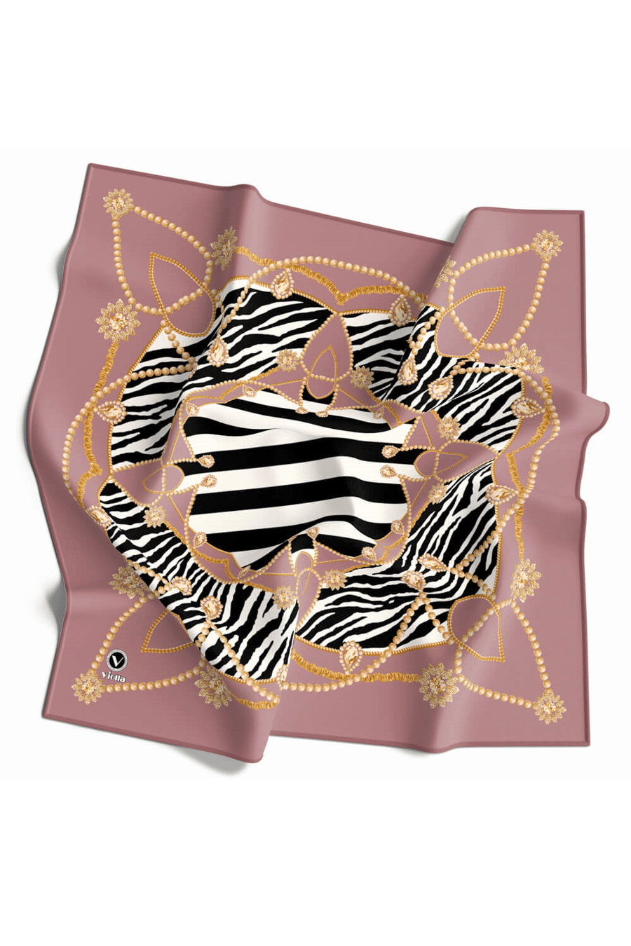 Twill Gold Detaylı Zebra Desenli Gül Kurusu Renkli 90x90 Eşarp (İpek İçermez) Kenar Dikiş Şekli El Dikişli