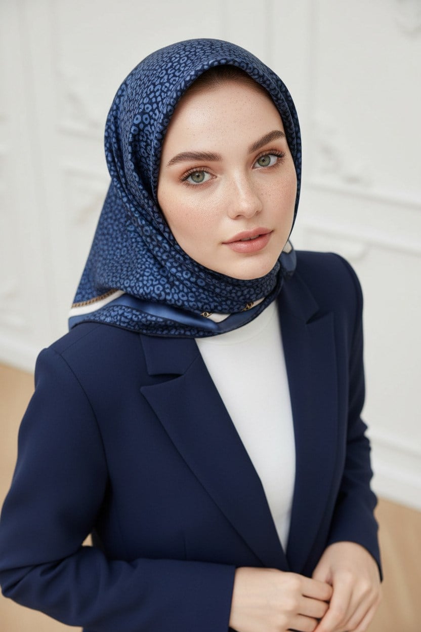 % 57 İPEK % 43 VİSKON Twill İpek Leopar Desenli Lacivert - İndigo Renkli 90x90 Eşarp Dikim Şekli : El Dikişi
