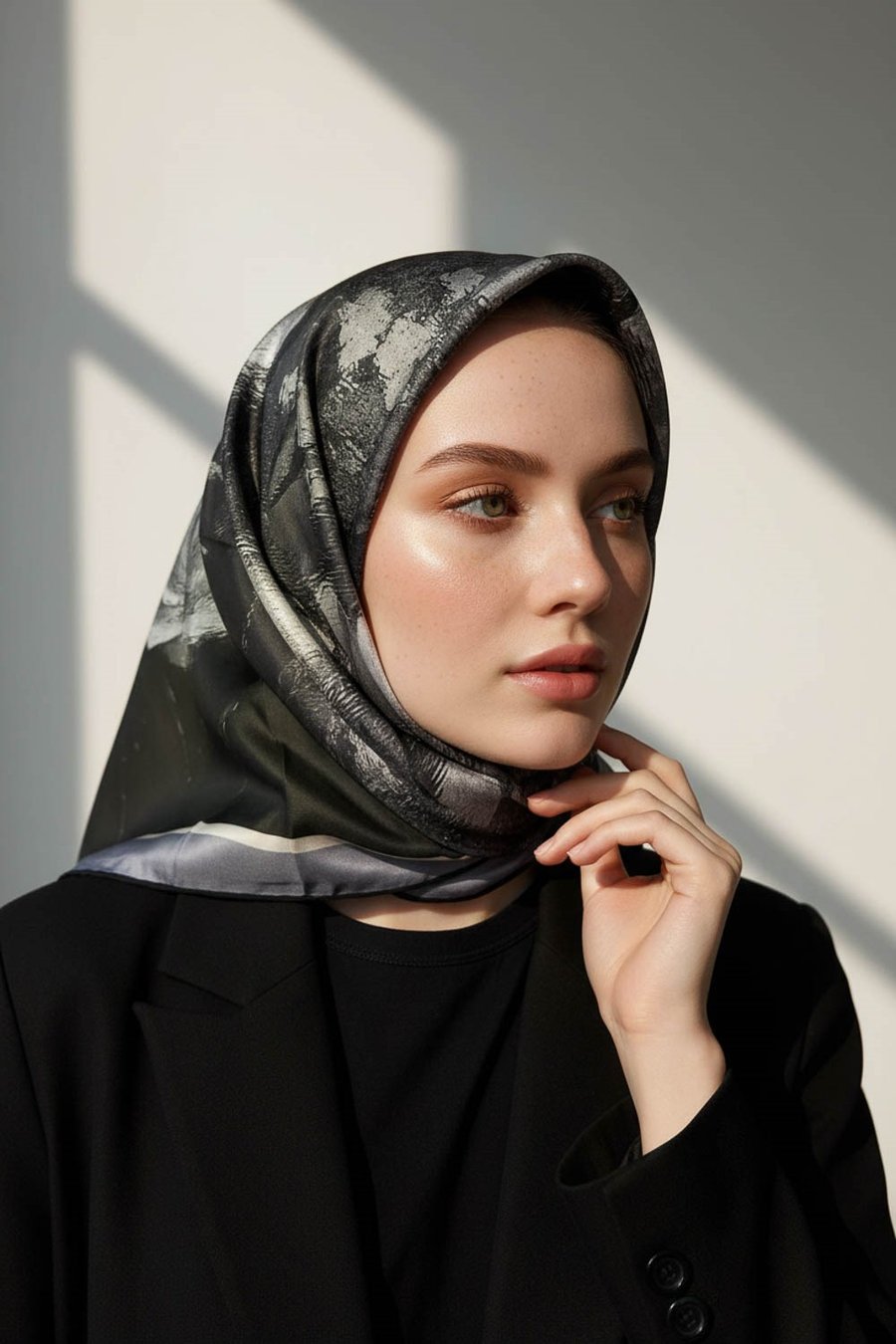 %100 Twill İpek Yağlı Boya Çiçek Desenli Gri Renkli 90x90 Eşarp Dikim Şekli : El Dikişi