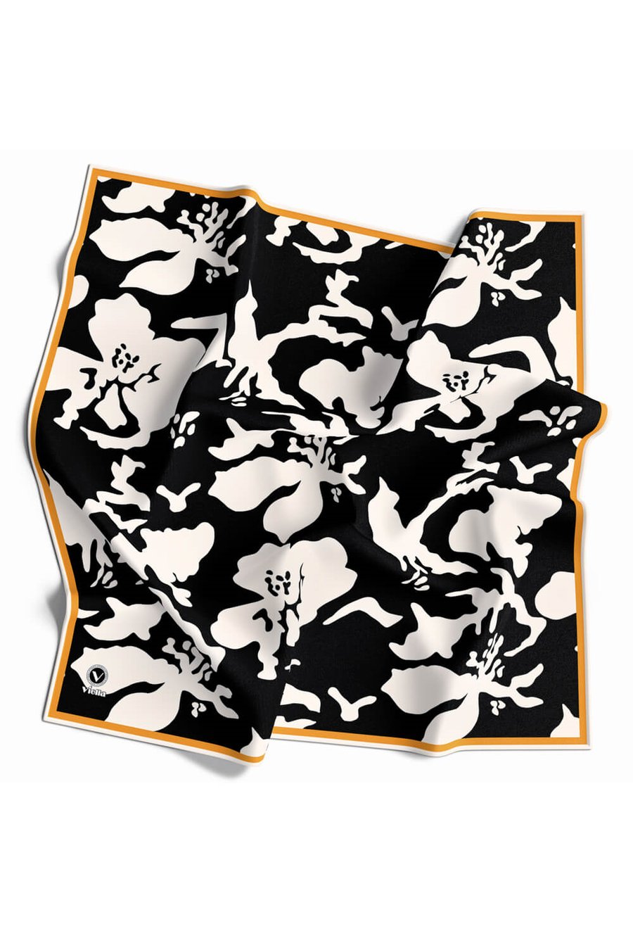 Twill Çiçek Desenli Siyah - Krem Renkli 90x90 Eşarp (İpek İçermez) Dikim Şekli : El Dikişi