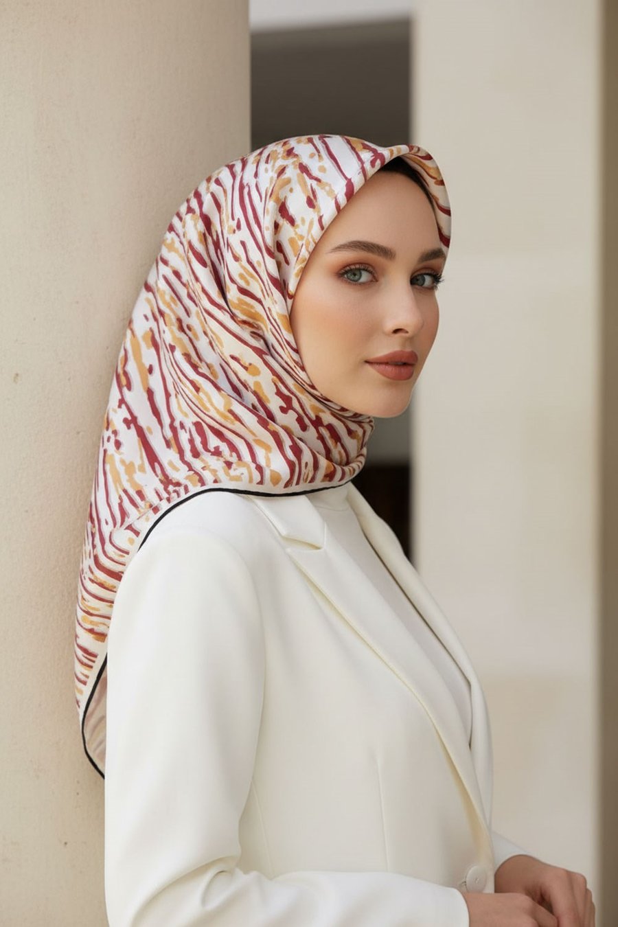 %100 Twill İpek Çizgi Desenli Krem - Bordo Renkli 90x90 Eşarp Dikim Şekli : El Dikişi