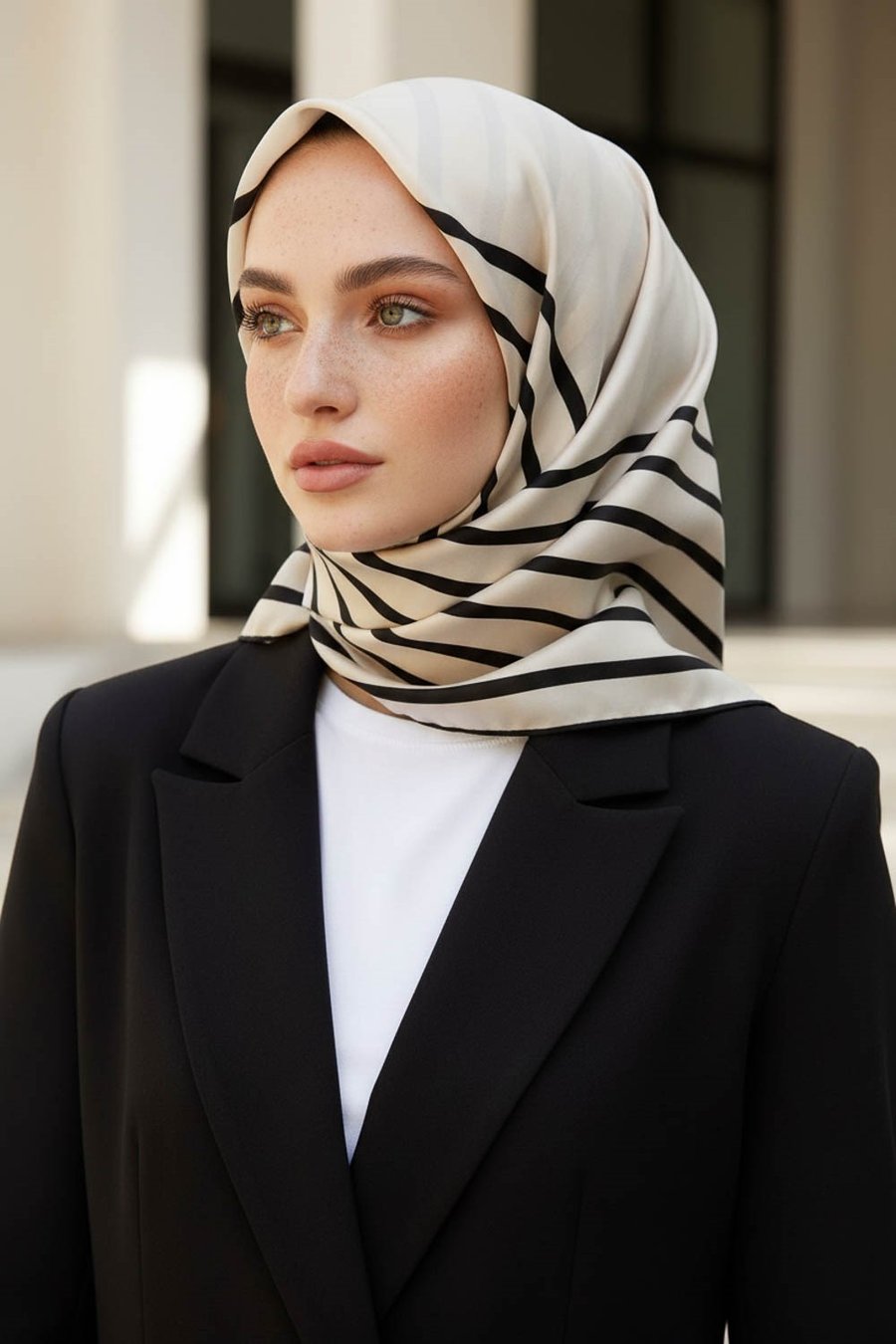 %100 Twill İpek Çizgili Desenli Krem - Siyah Renkli 90x90 Eşarp Dikim Şekli : El Dikişi