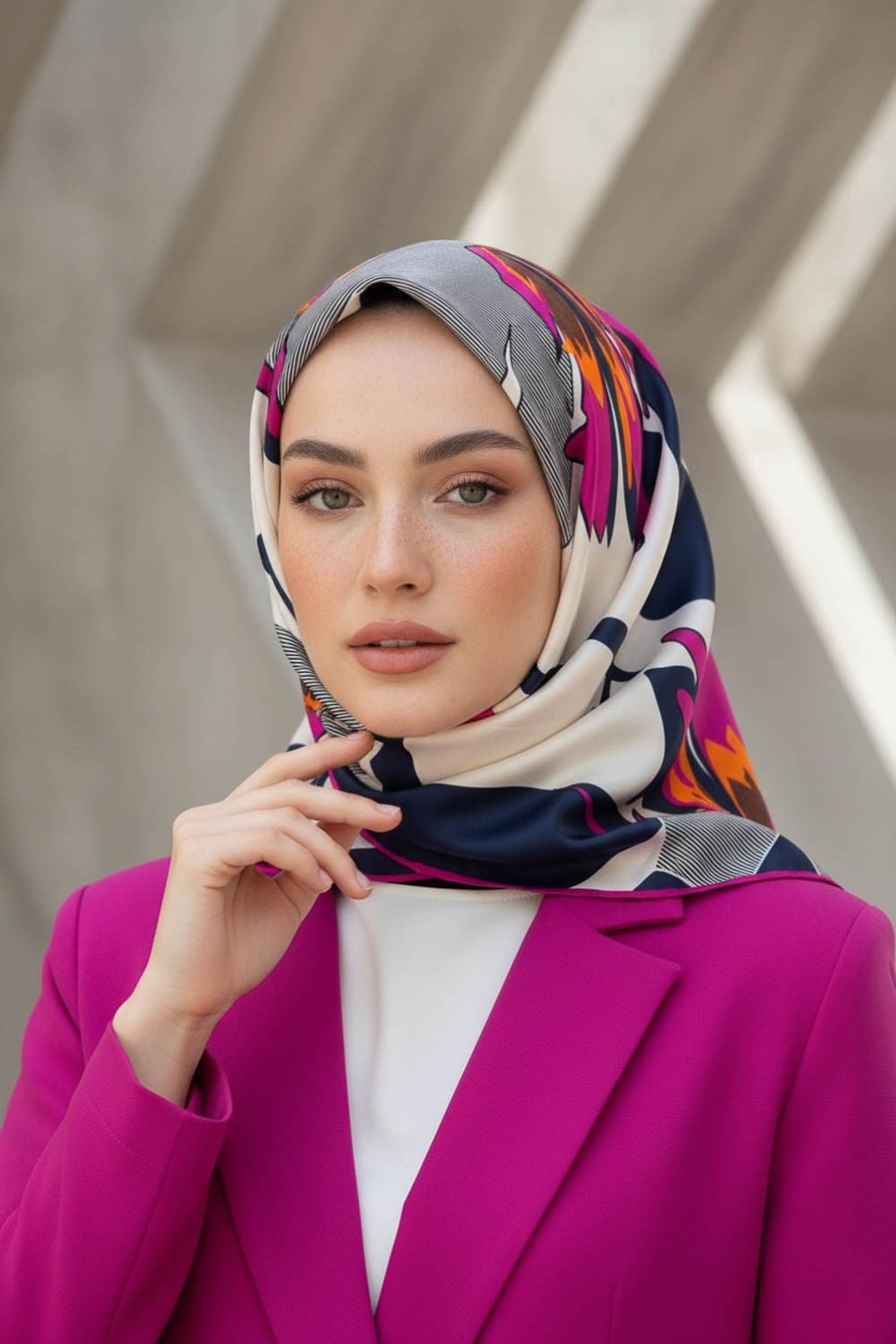 %100 Twill İpek Çiçek Desenli Fuşya - Lacivert Renkli 90x90 Eşarp Dikim Şekli : El Dikişi