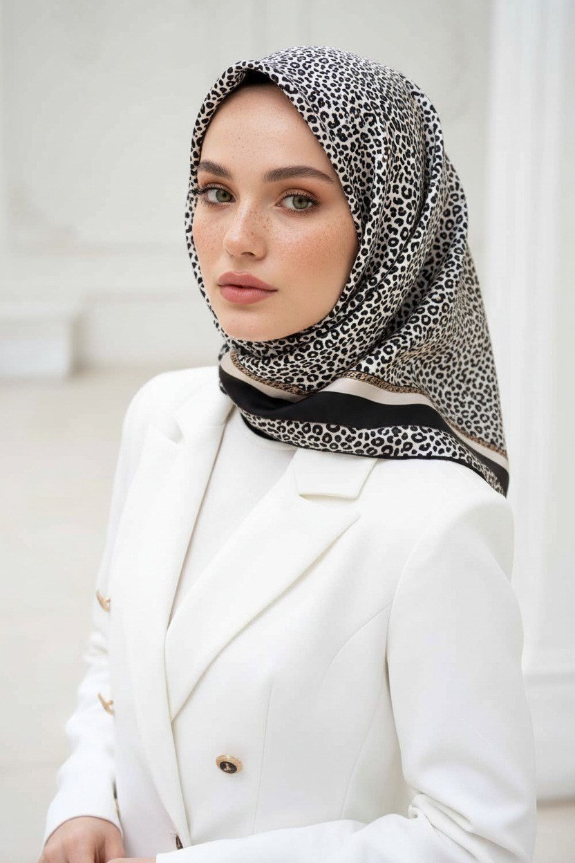 % 57 İPEK % 43 VİSKON Twill İpek Leopar Desenli Krem - Siyah Renkli 90x90 Eşarp Dikim Şekli : El Dikişi