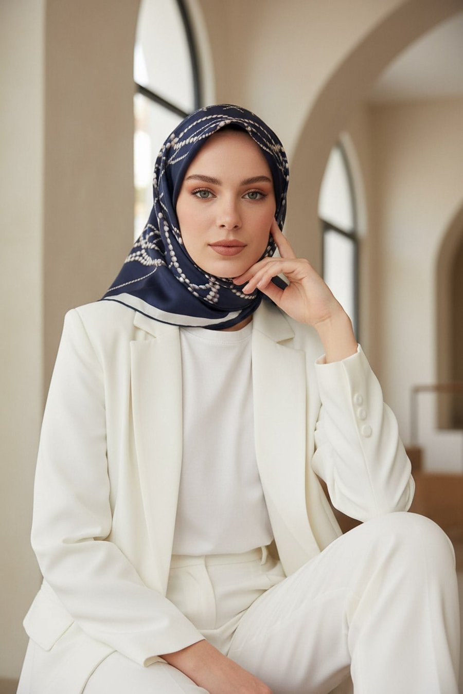 %100 Twill İpek İnci Desenli Lacivert - Beyaz Renkli 90x90 Eşarp Kenar Dikiş Şekli : El Dikişli