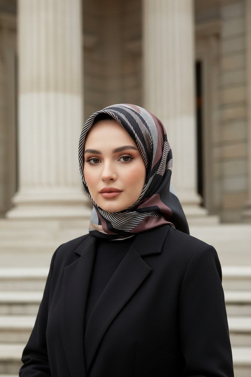 %100 Twill İpek Geometrik Desenli Pudra - Siyah Renkli 90x90 Eşarp Dikim Şekli : El Dikişi