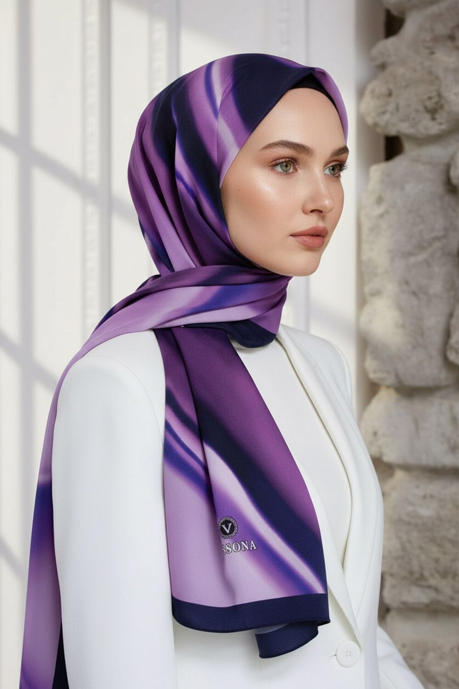 KREP DALGA DESENLİ LİLA - LACİVERT RENKLİ 75X195 KIRIŞMAZ EŞARP
