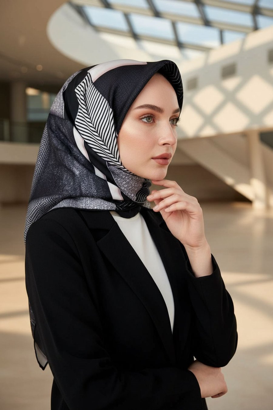 %100 Twill İpek Dokulu ve Geometrik Desenli Siyah - Kremi Renkli 90x90 Eşarp Dikim Şekli : El Dikişi
