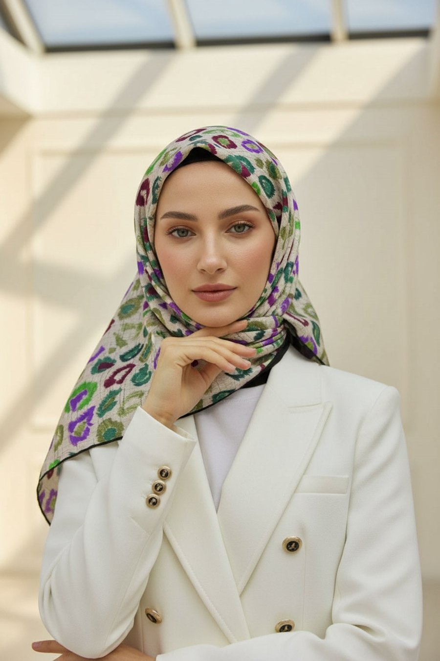 %100 Twill İpek Renkli Leopari Desenli Mor - Haki Yeşili Renkli 90x90 Eşarp Kenar Dikiş Şekli El Dikişli