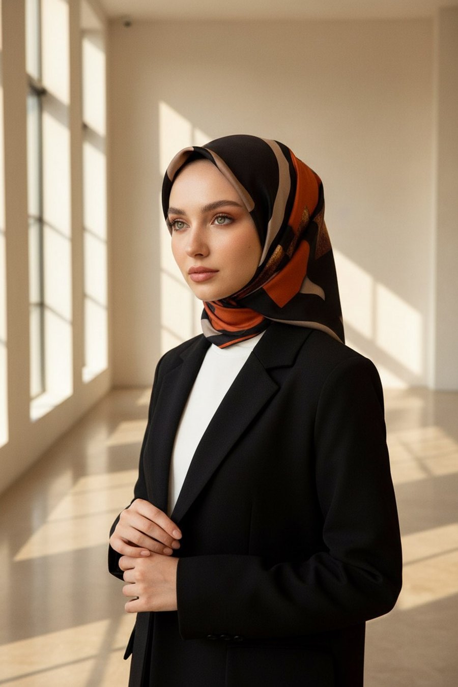 %100 Twill İpek Karo Desenli Bej - Taba Renkli 90x90 Eşarp Dikim Şekli : El Dikişi