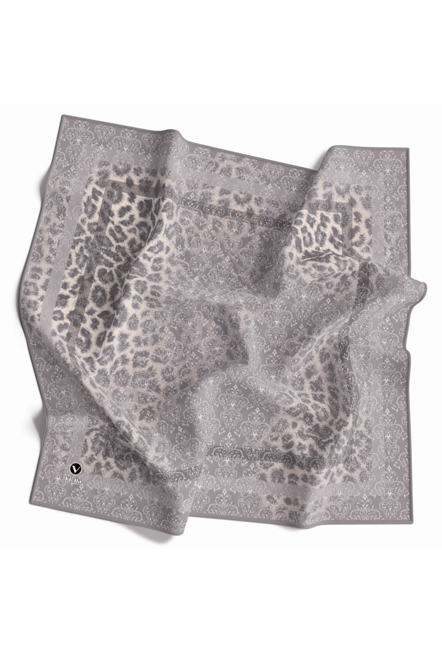 Twill Leopar Desenli Gri Renkli 90x90 Eşarp (İpek İçermez) Kenar Dikiş Şekli El Dikişli