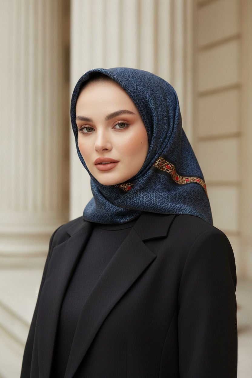 % 57 İPEK % 43 VİSKON Twill İpek Geometrik Desenli İndigo - Siyah Renkli 90x90 Eşarp Dikim Şekli : El Dikişi