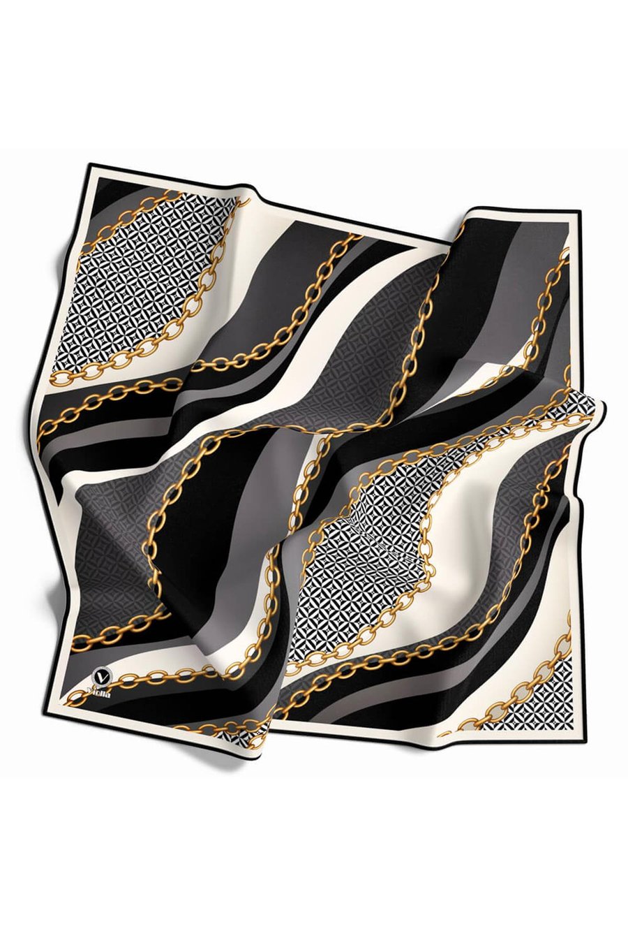 Twill Zincir Desenli Siyah Renkli 90x90 Eşarp (İpek İçermez) Kenar Dikiş Şekli El Dikişli