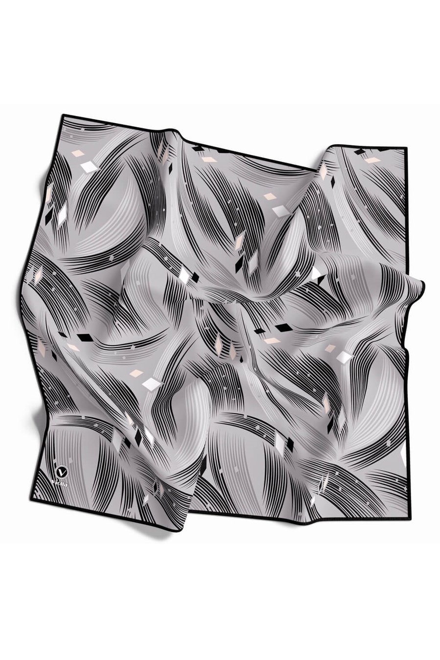 Rayon Geometrik Çizgili Desenli Gri Renkli 90x90 Eşarp (İpek İçermez) Kenar Dikiş Şekli El Dikişli