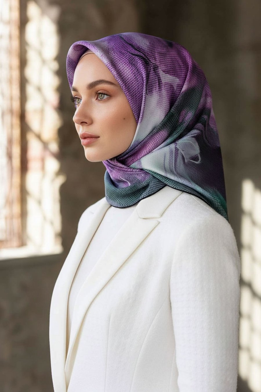 %100 Twill İpek Dokulu Ve Çiçek Desenli Lila - Su Yeşili Renkli 90x90 Eşarp Dikim Şekli : El Dikişi