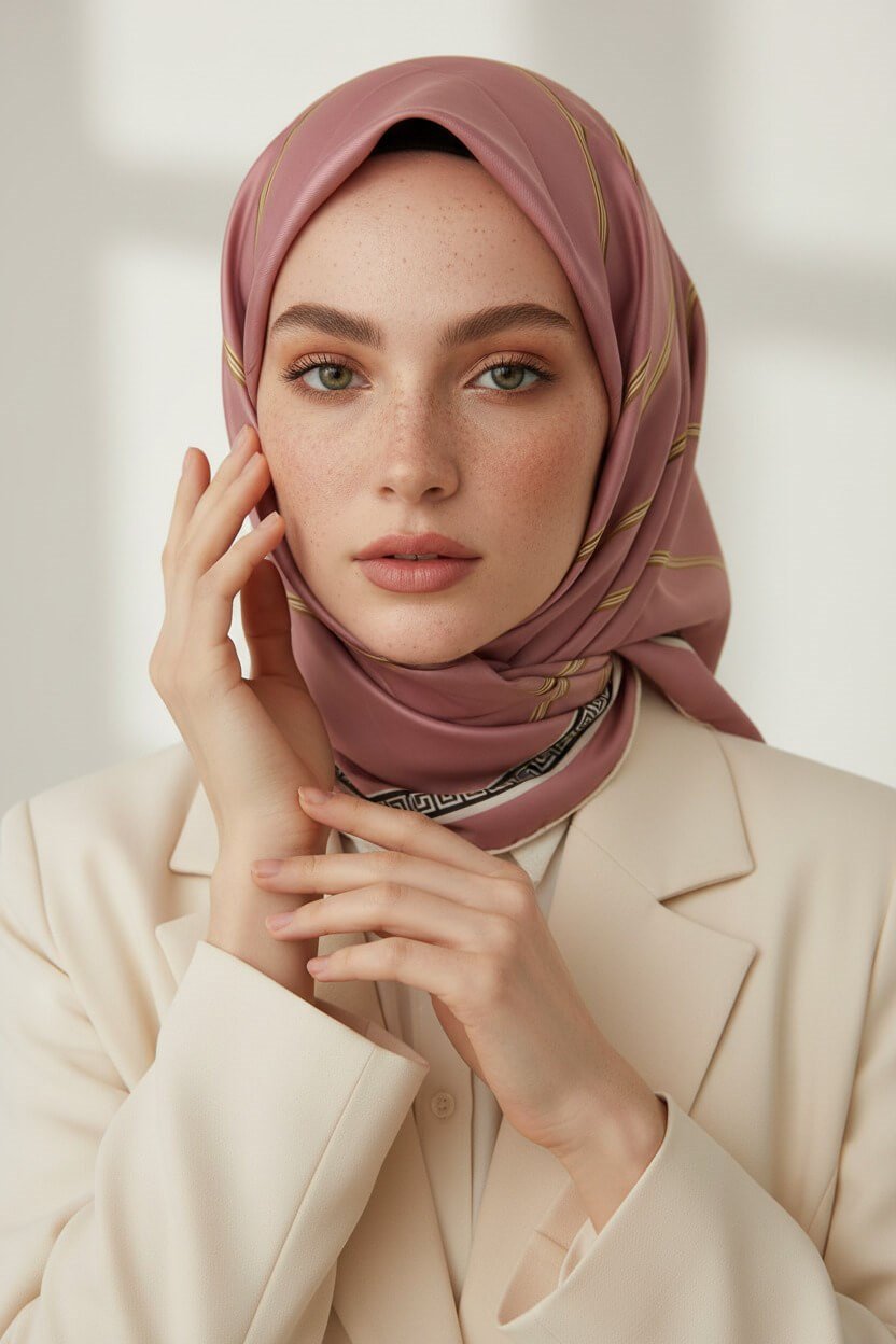 Twill Gold Detaylı Kareli Desenli Pudra Renkli 90x90 Eşarp (İpek İçermez) Kenar Dikiş Şekli El Dikişli