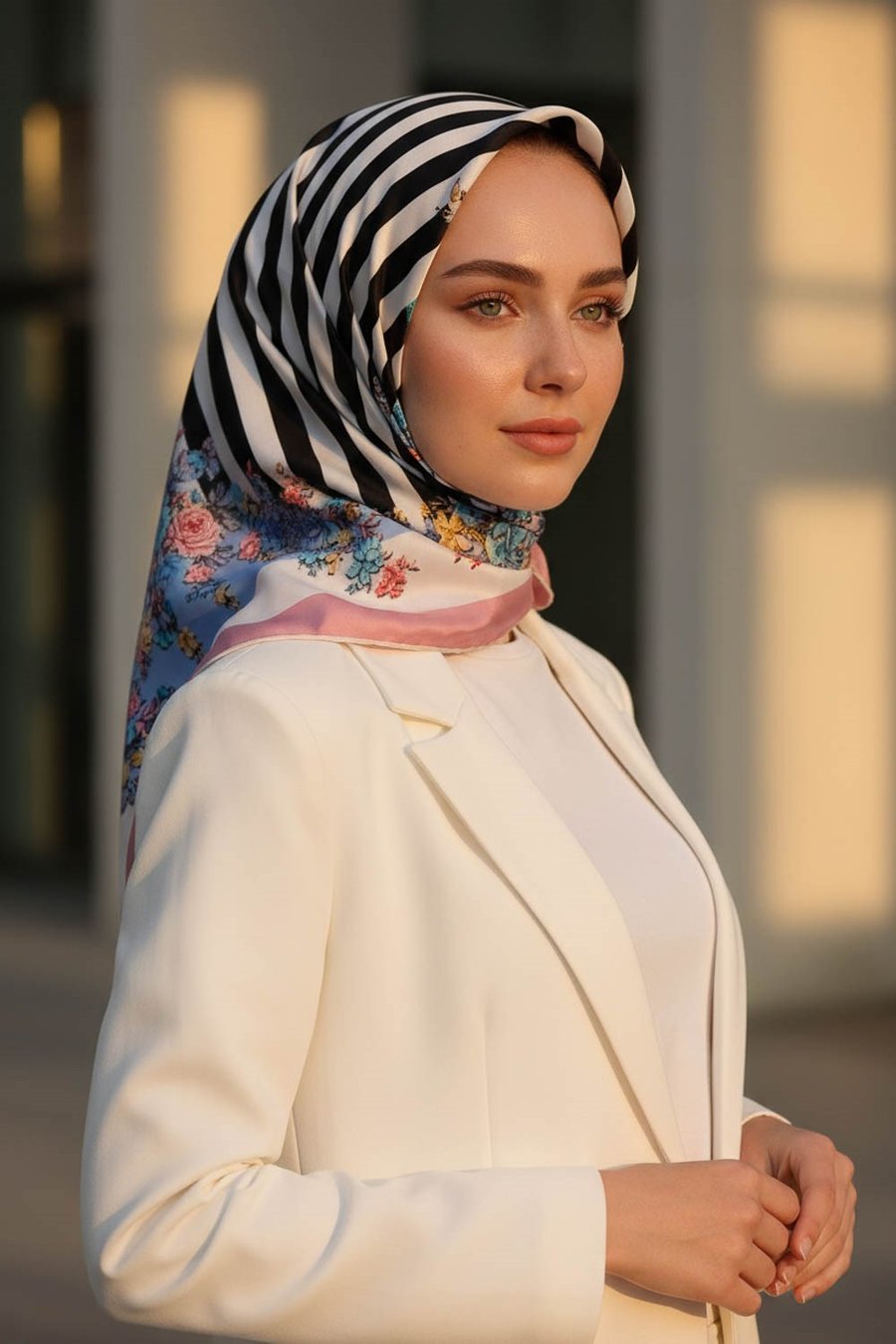 %100 Twill İpek Çıtır Çiçekli Ve Çizgi Desenli Pudra - Bebe Mavisi Renkli 90x90 Eşarp Dikim Şekli : El Dikişi