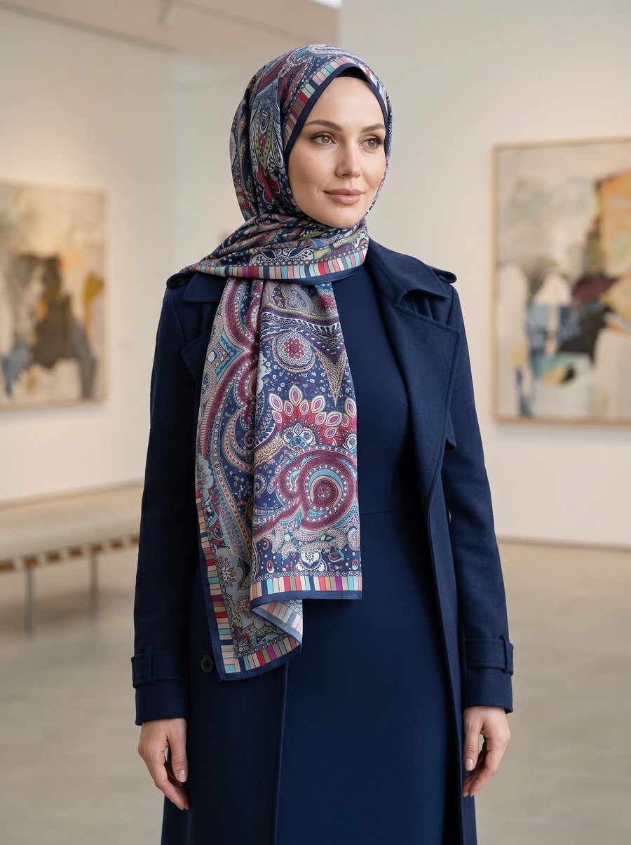 %100 Saf İpek Şal İnce Saten Vual Dokuma Etro Desenli Lacivert Renkli 90x210 Şal