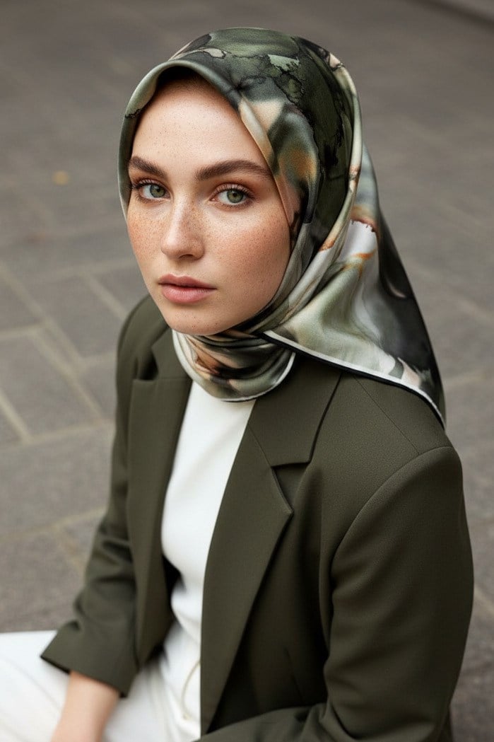 %100 Twill İpek Batik Çiçek Desenli Haki Yeşili - Vizon Renkli 90x90 Eşarp Kenar Dikiş Şekli El Dikişli