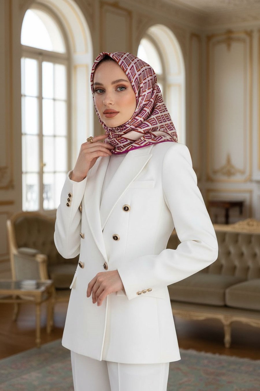 % 57 İPEK % 43 VİSKON Twill İpek Geometrik Desenli Fuşya - Turuncu Renkli 90x90 Eşarp Dikim Şekli : El Dikişi