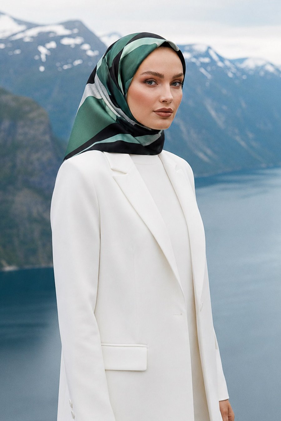 %100 Twill İpek Geometrik Çizgi Desenli Siyah - Mint Renkli 90x90 Eşarp Kenar Dikiş Şekli El Dikişli