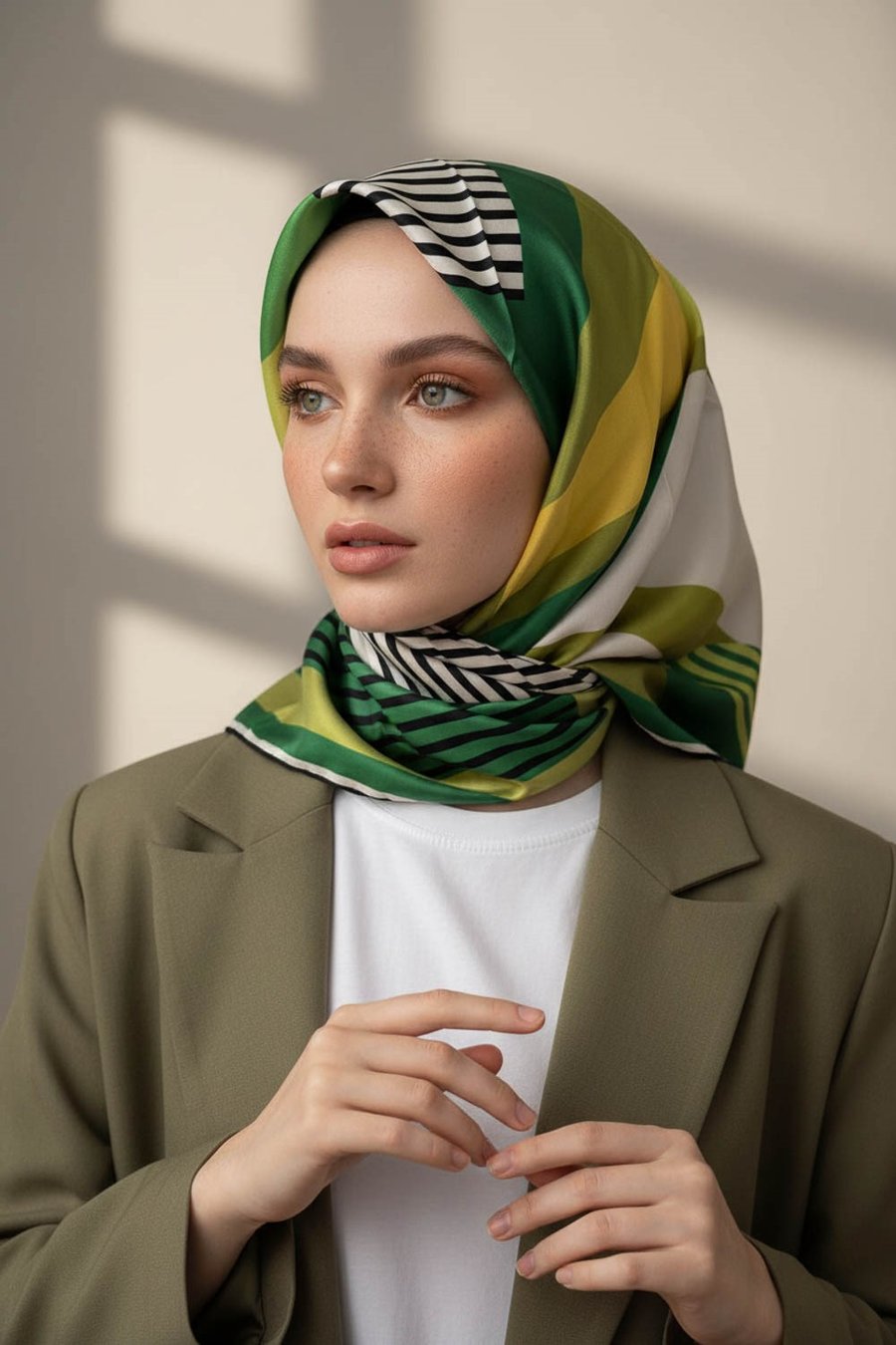 100% Twill İpek Geometrik Desenli Haki - Zümrüt Yeşili Renkli 90x90 Dikim Şekli : El Dikişi Eşarp