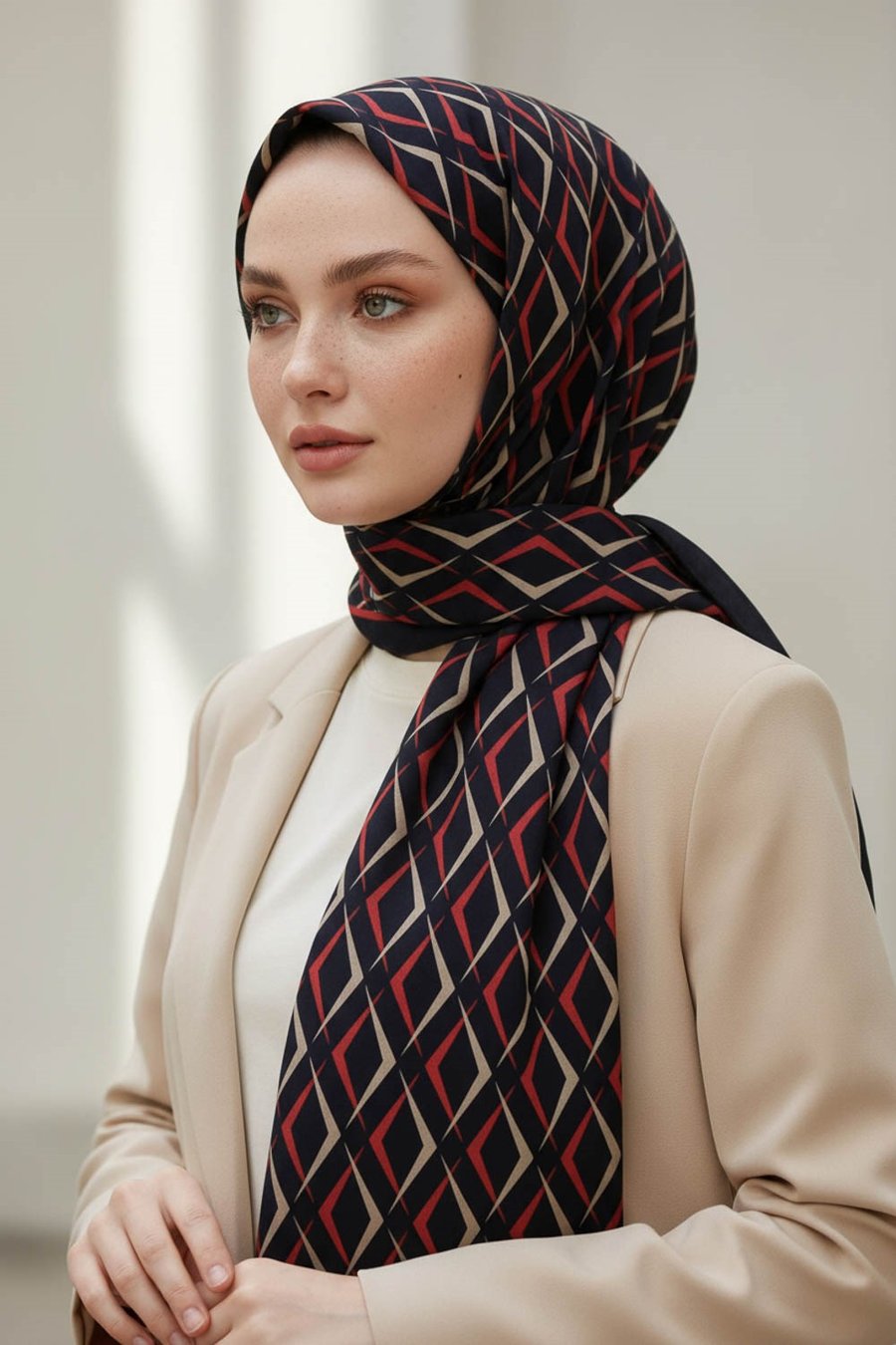 KREP GEOMETRİK DESENLİ SİYAH - BORDO RENKLİ 75X195 KIRIŞMAZ ŞAL