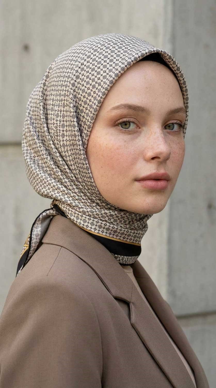 %100 Twill İpek Minik Motif Desenli Krem - Siyah Renkli 90x90 Eşarp Dikim Şekli : El Dikişi