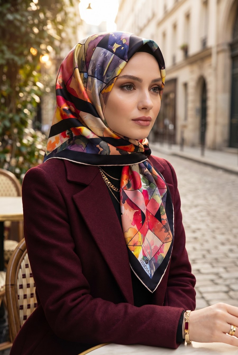 %100 Twill İpek Bahar Çiçekleri Desenli Siyah - Kırmızı Renkli 90x90 Eşarp Kenar Dikiş Şekli El Dikişli