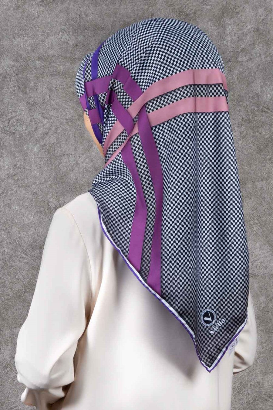 Twill Çizgili Pötikareli Çizgili Desenli Mor - Pembe Renkli 90x90 Eşarp (İpek İçermez)