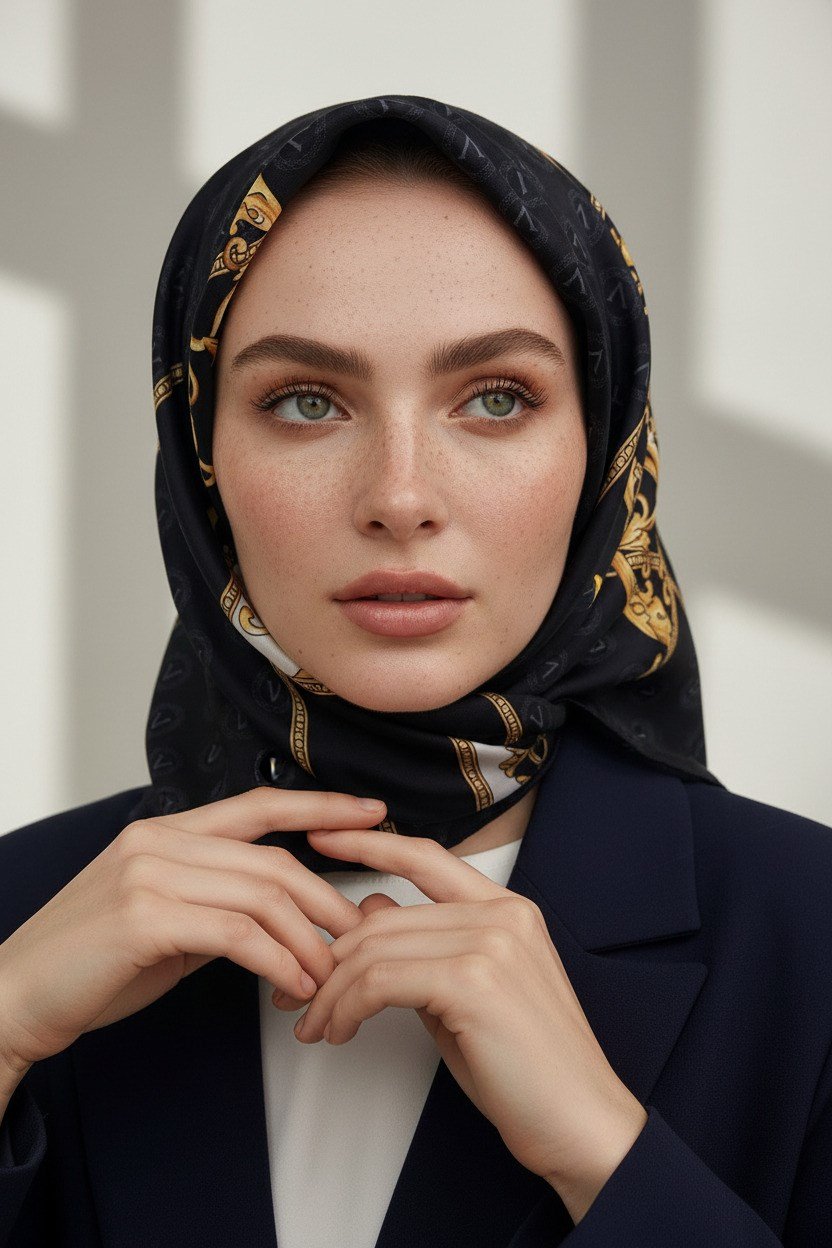 %100 Twill İpek Monogramlı Ve Barok Desenli Siyah - Gold Renkli 90x90 Eşarp Dikim Şekli : El Dikişi