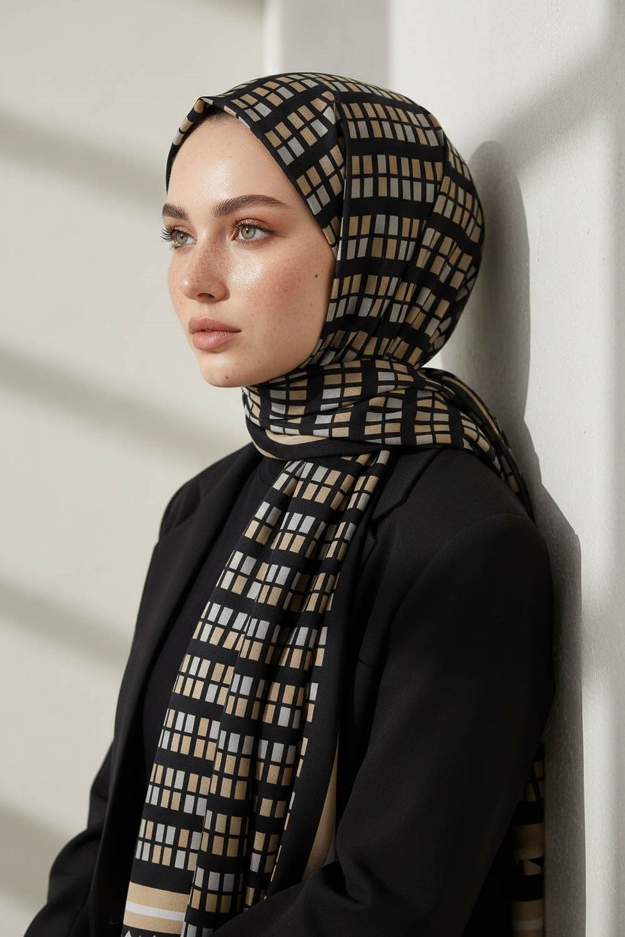 KREP KARE DESENLİ GRİ RENKLİ 75X195 KIRIŞMAZ ŞAL