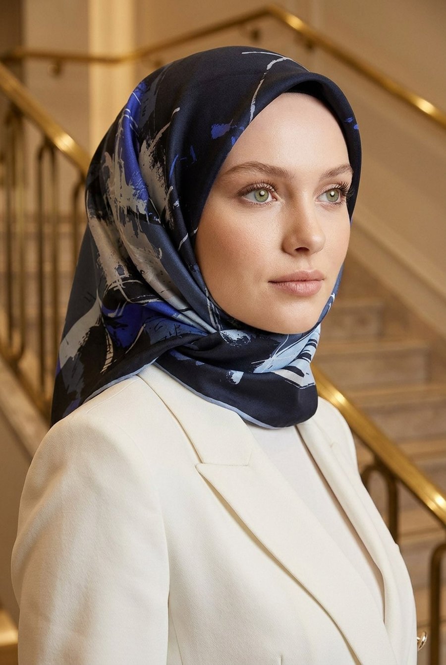 % 57 İPEK % 43 VİSKON Twill İpek Geometrik Desenli Lacivert - Bebe Mavisi Renkli 90x90 Eşarp Dikim Şekli : El Dikişi