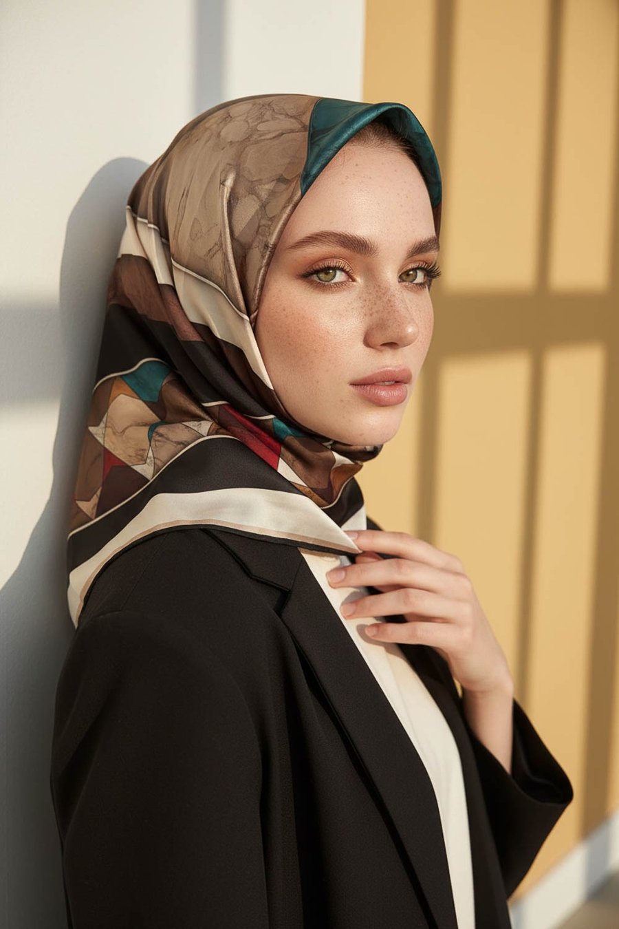 Rayon Geometrik Mermer Desenli Petrol Yeşili Renkli 90x90 Eşarp (İpek İçermez) Kenar Dikiş Şekli El Dikişli