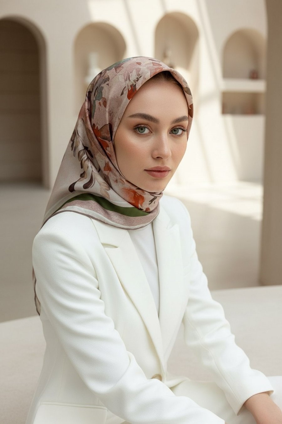 %100 Twill İpek Bahar Çiçekleri Desenli Narçiçeği - Haki Renkli 90x90 Eşarp Dikim Şekli : El Dikişi