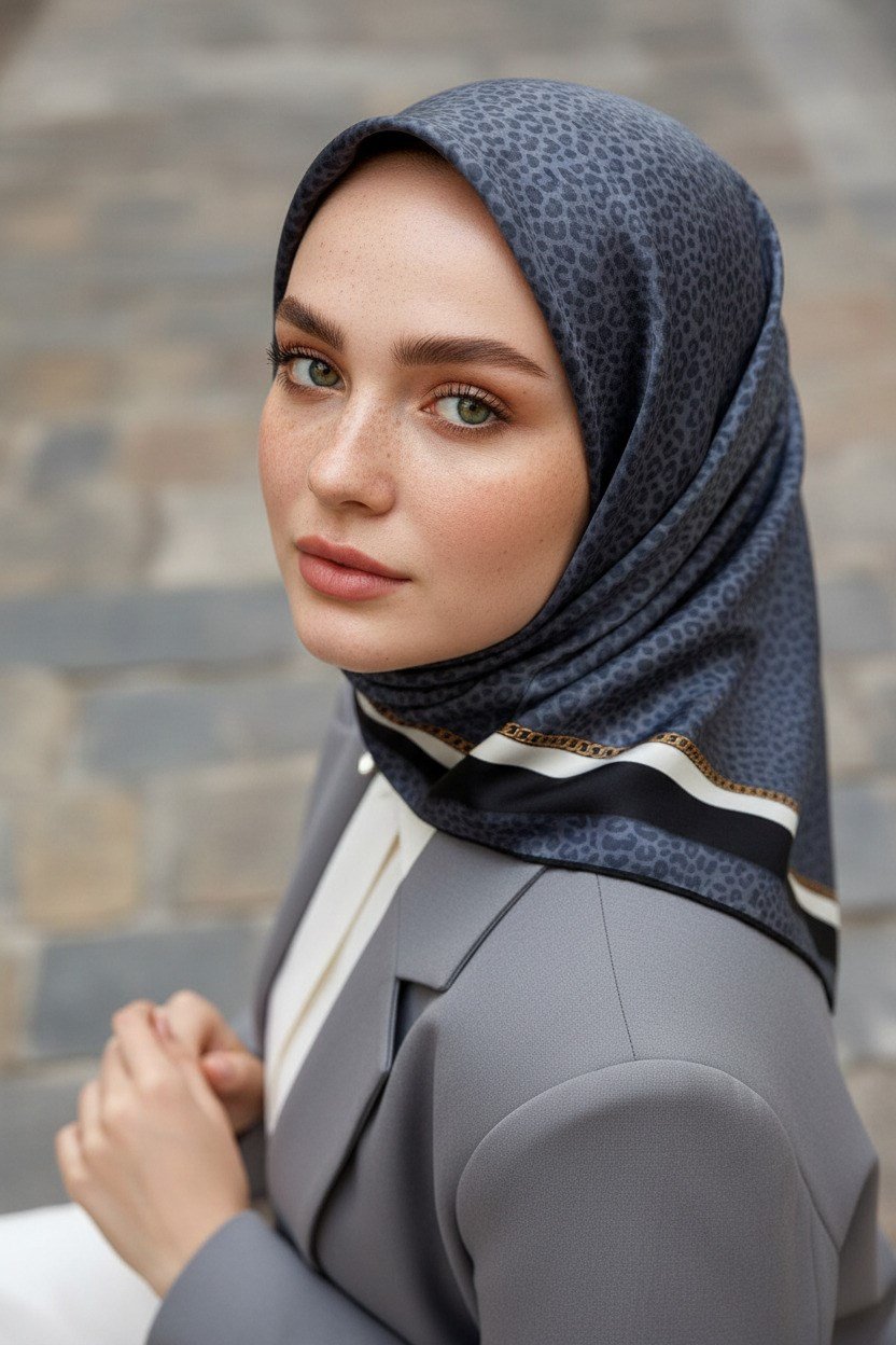 %100 Twill İpek Leopar Desenli Gri Renkli 90x90 Eşarp Dikim Şekli : El Dikişi
