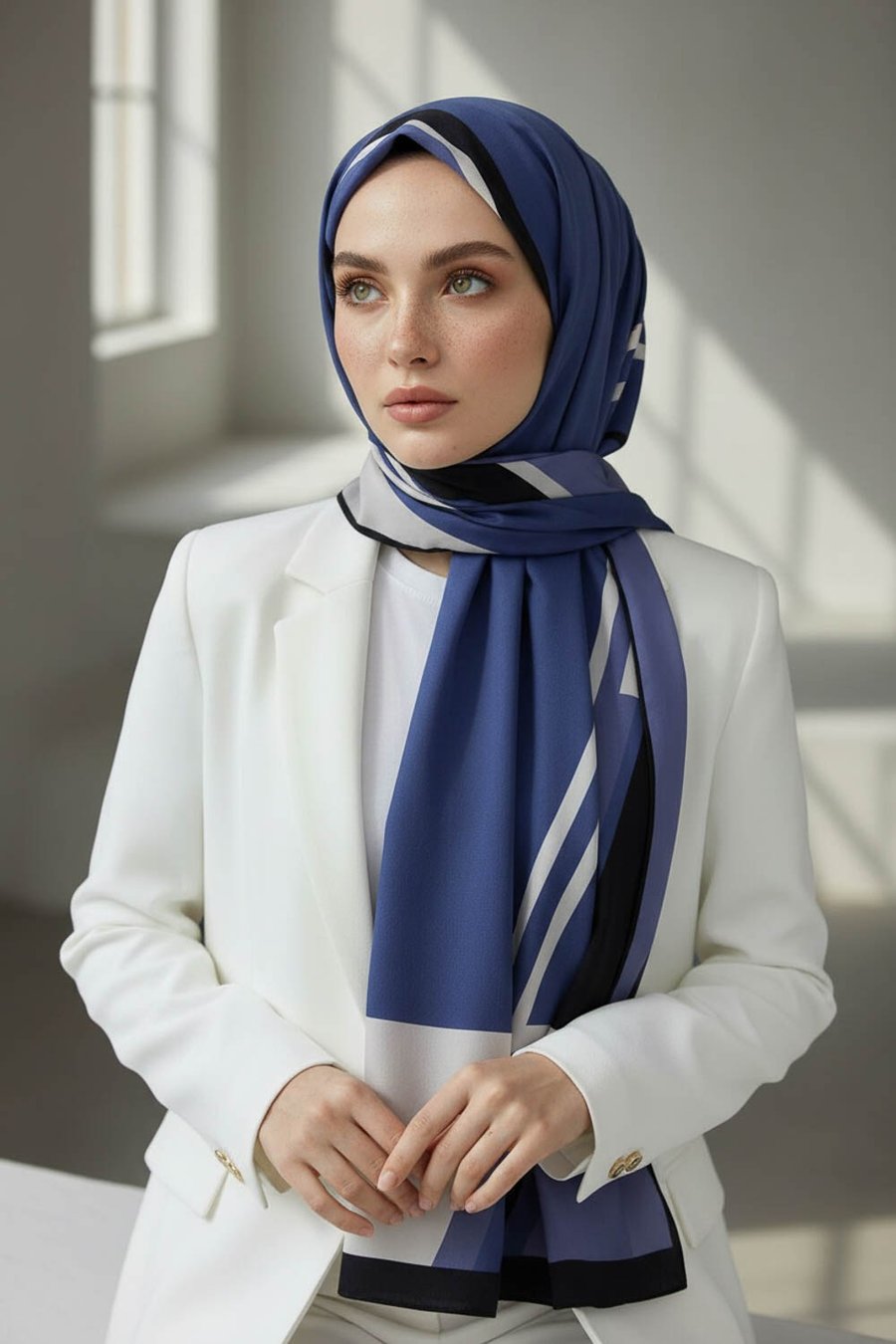 KREP GEOMETRIK DESENLİ İNDİGO RENKLİ 75X195 KIRIŞMAZ ŞAL
