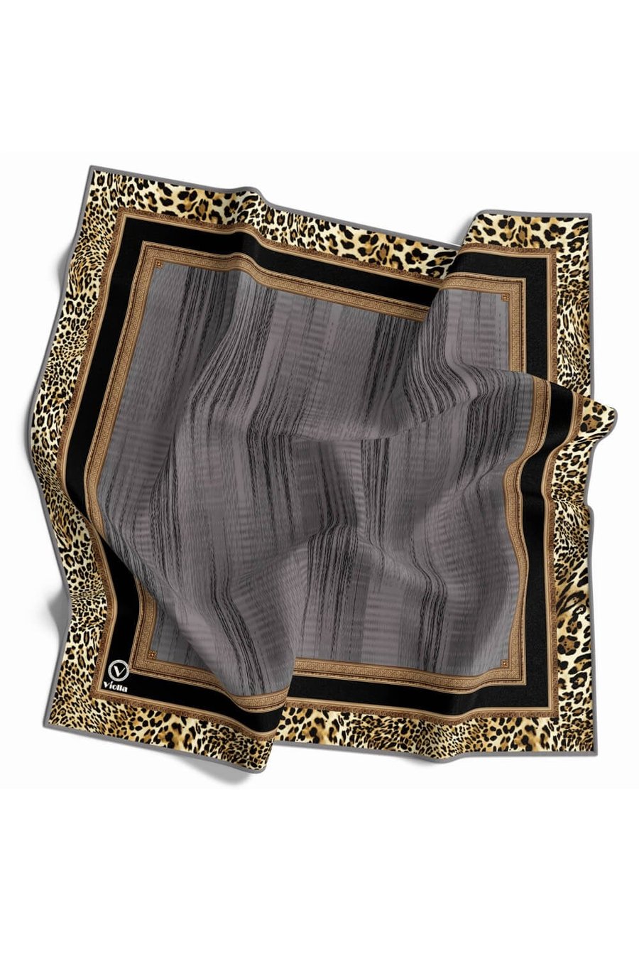 Soft Leopar Bordür Desenli Gri Renkli 90x90 Eşarp (İpek İçermez) Kenar Dikiş Şekli El Dikişli