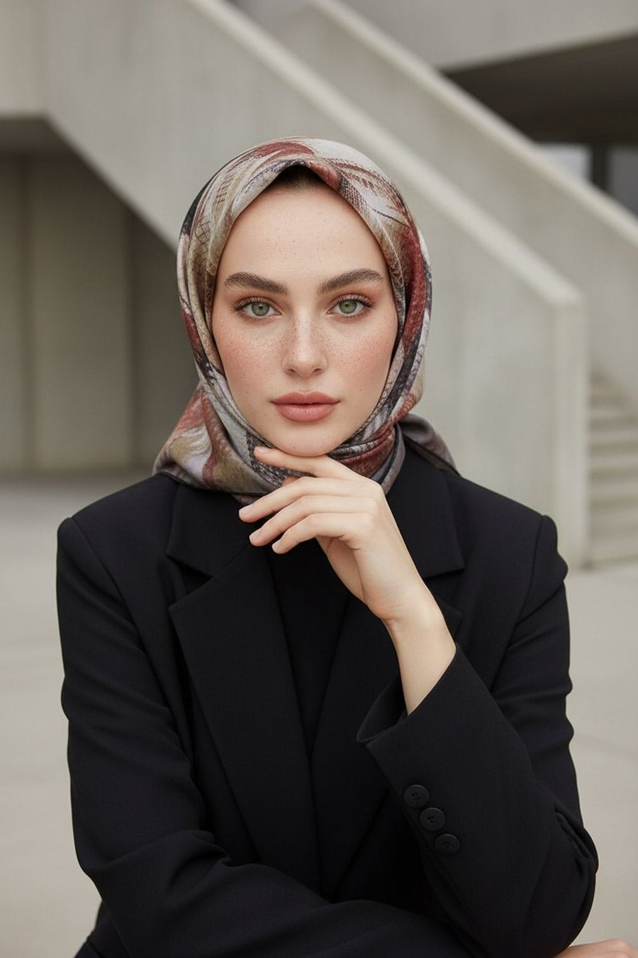 %100 Twill İpek Efektli ve Geometrik Desenli Bej - Kırmızı Renkli 90x90 Eşarp Dikim Şekli : El Dikişi