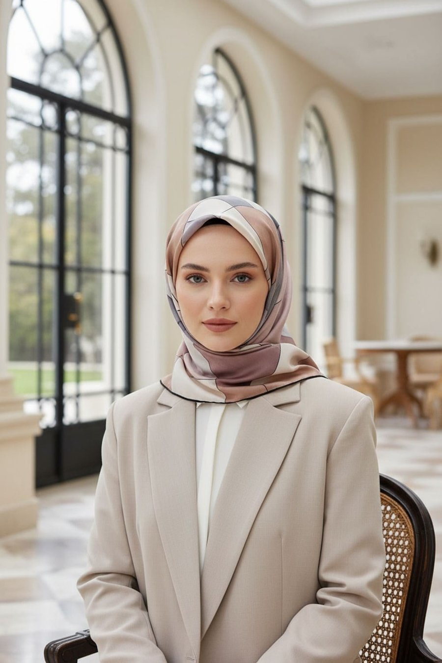 %100 Twill İpek Geometrik Desenli Pudra - Gri Renkli 90x90 Eşarp Dikim Şekli : El Dikişi